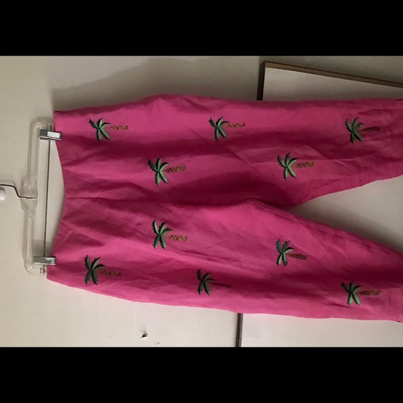 New CJ Laing Pink Linen Pants with Palm Trees Pink size 14 Cruise Summer - Picture 7 of 16